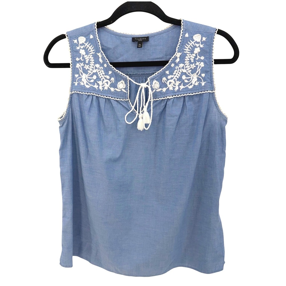 Talbots‎ Coastal Grandma Blue Chambray Embroidered Tank Top Tassel Tie M Petite